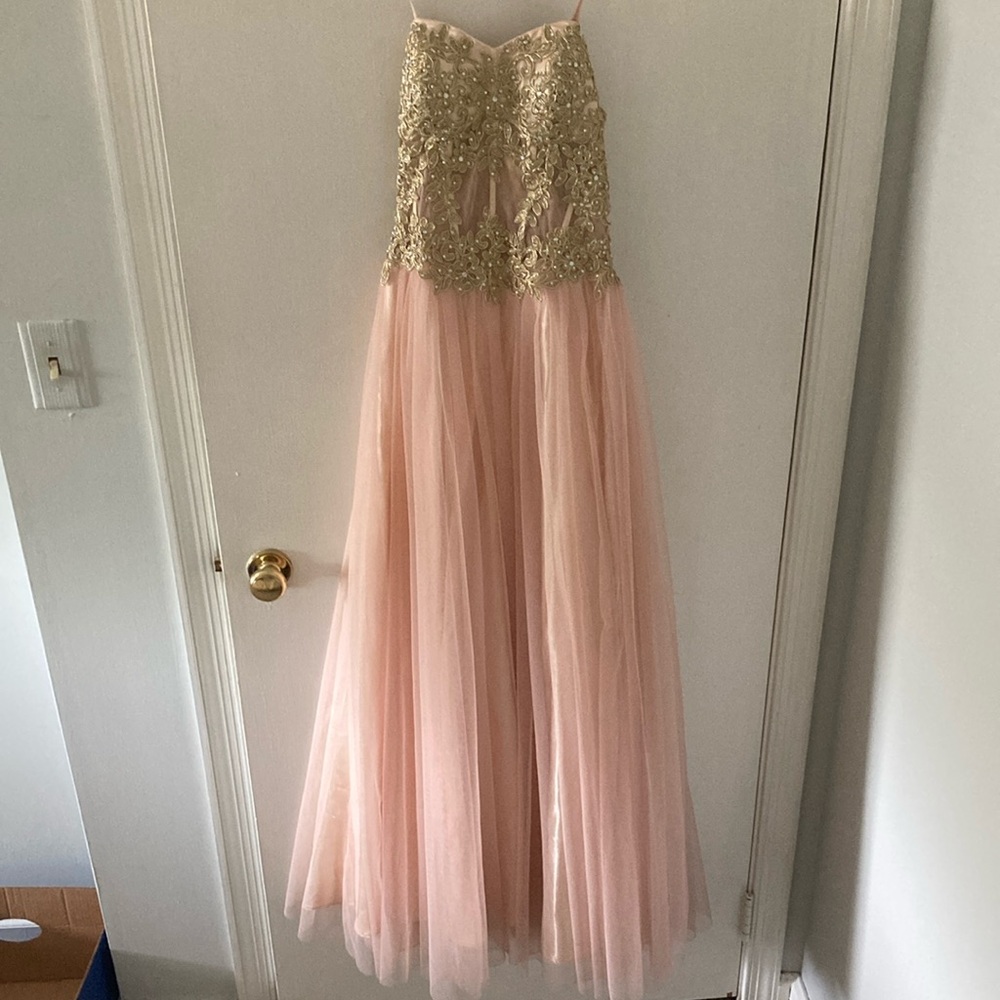 S Blondie Nites Gold Sheer Floral Rhinestone Corset Flowy Blush Pink Maxi Dress